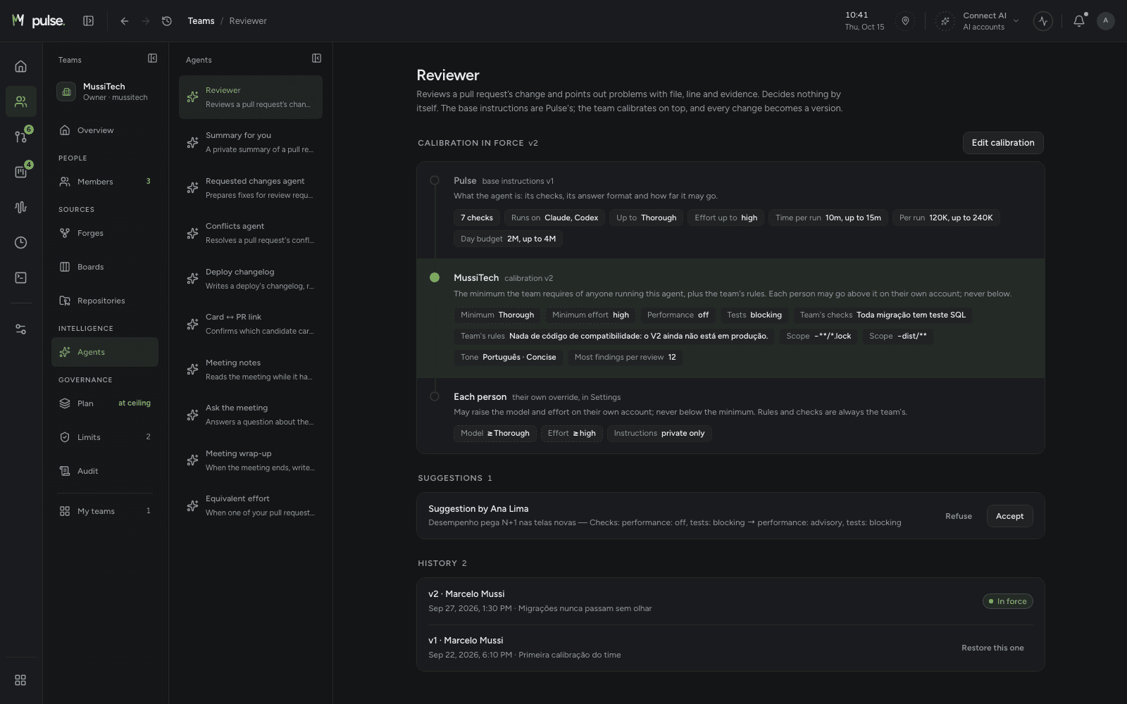 The reviewer agent's calibration: Pulse's base, the team's rules and what each person may adjust