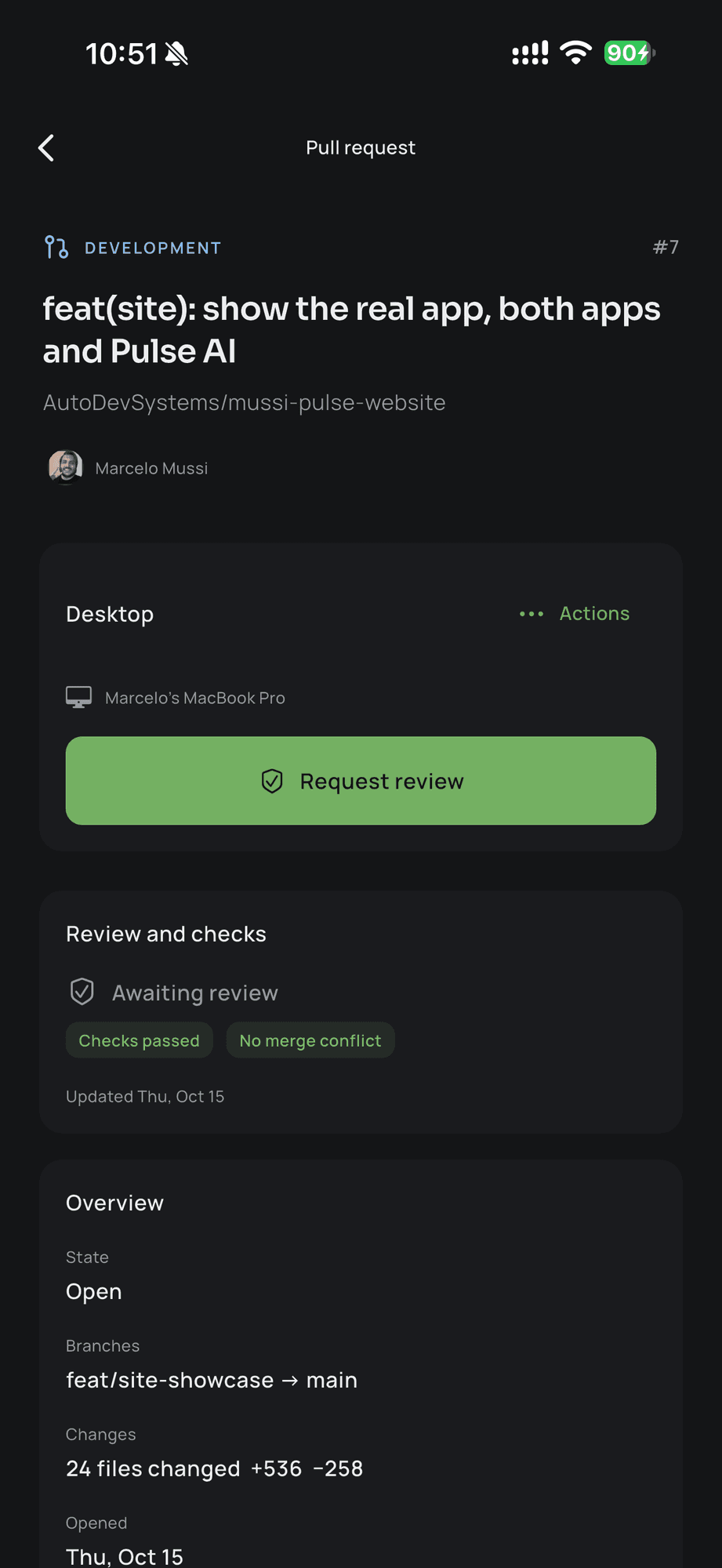 A PR on the phone with the button that asks the paired desktop for a review